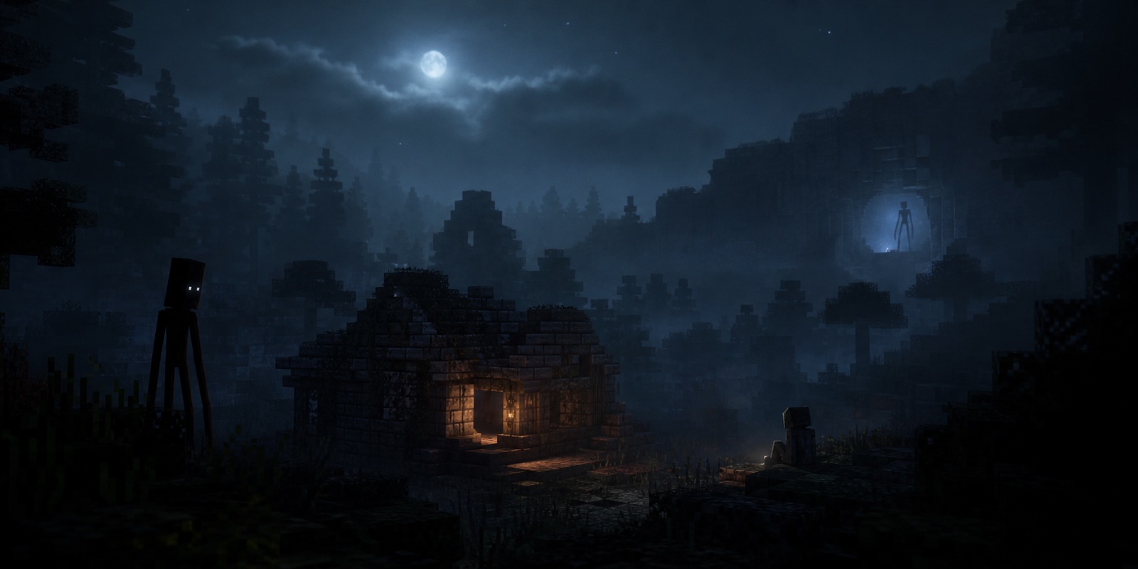 Different horror silhouettes surrounding a lit shelter in a foggy block-built forest