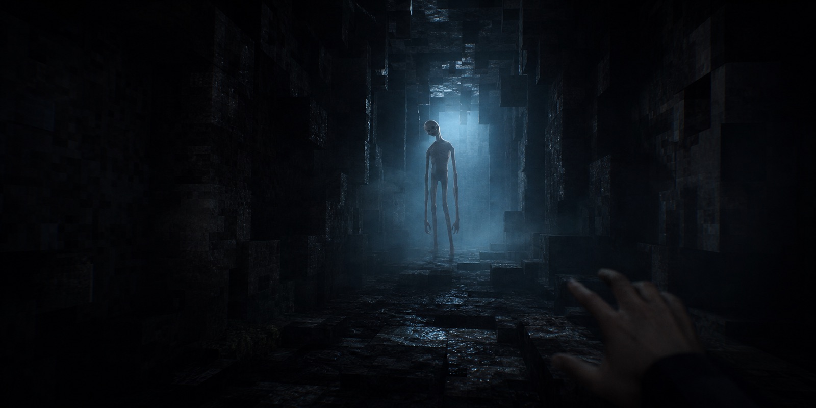 Verity's tall skeletal form revealed by cold light in an underground corridor