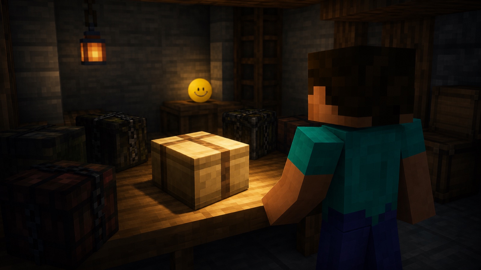 A player inspecting one illuminated package while Verity watches from the storeroom
